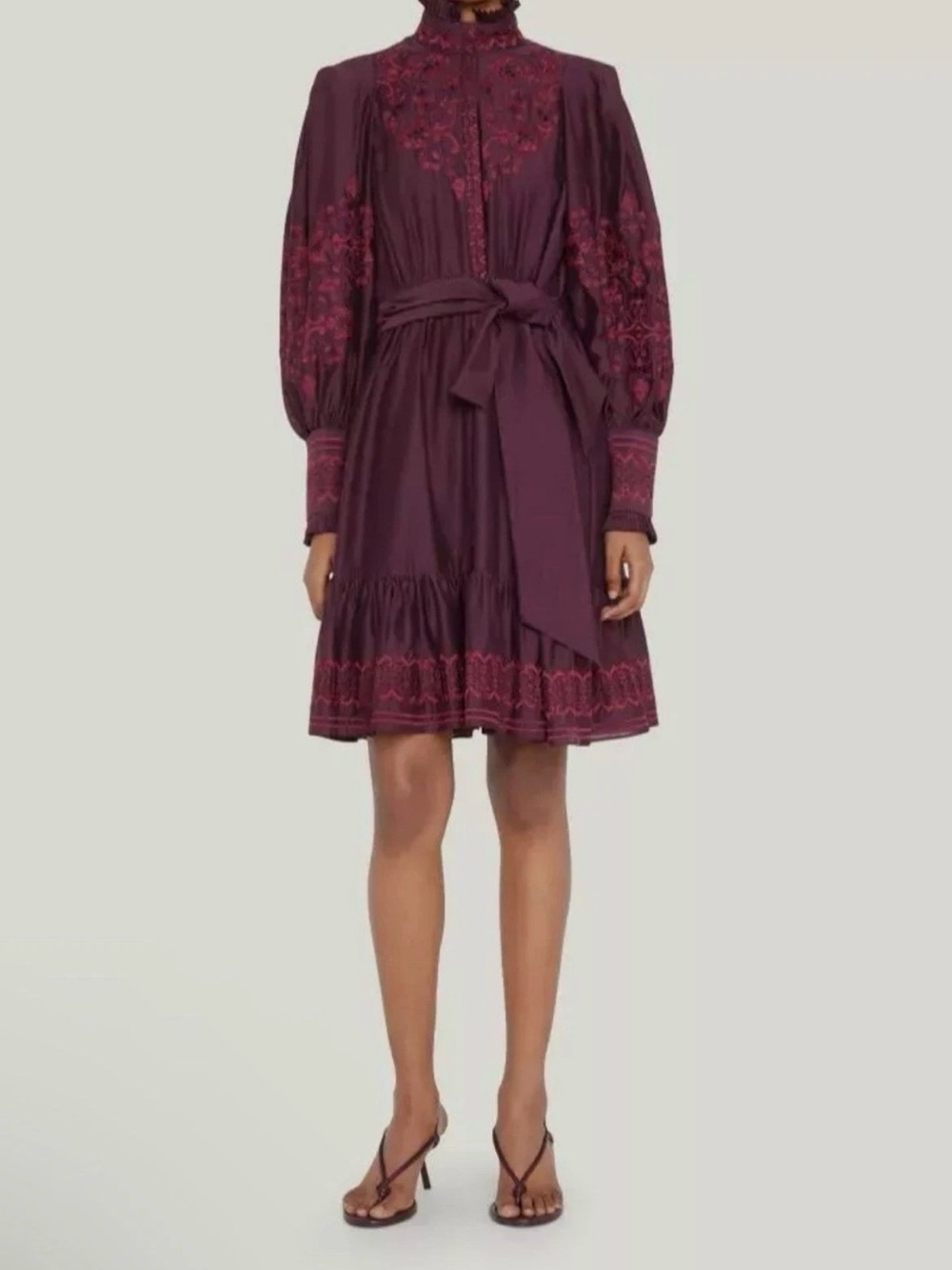 Kobi Halperin Embroidered Burgundy Long-Sleeve Tie-Waist Dress Large new $795